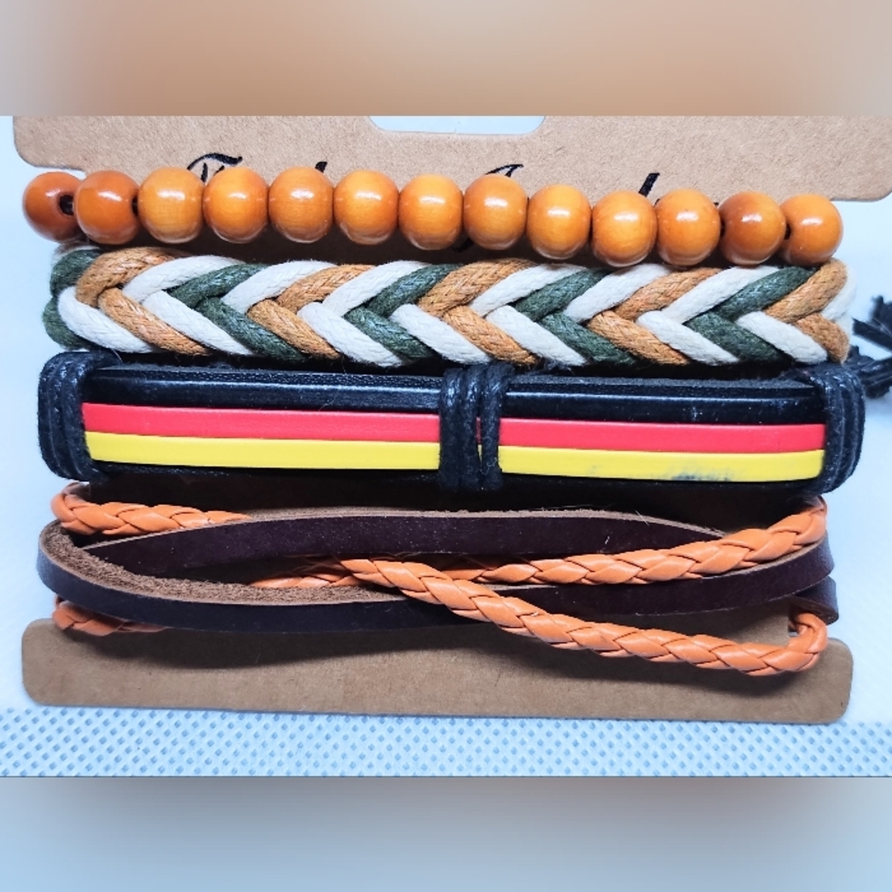 Men's Leather Bracelets Set Braided Layered Brown New f74‎